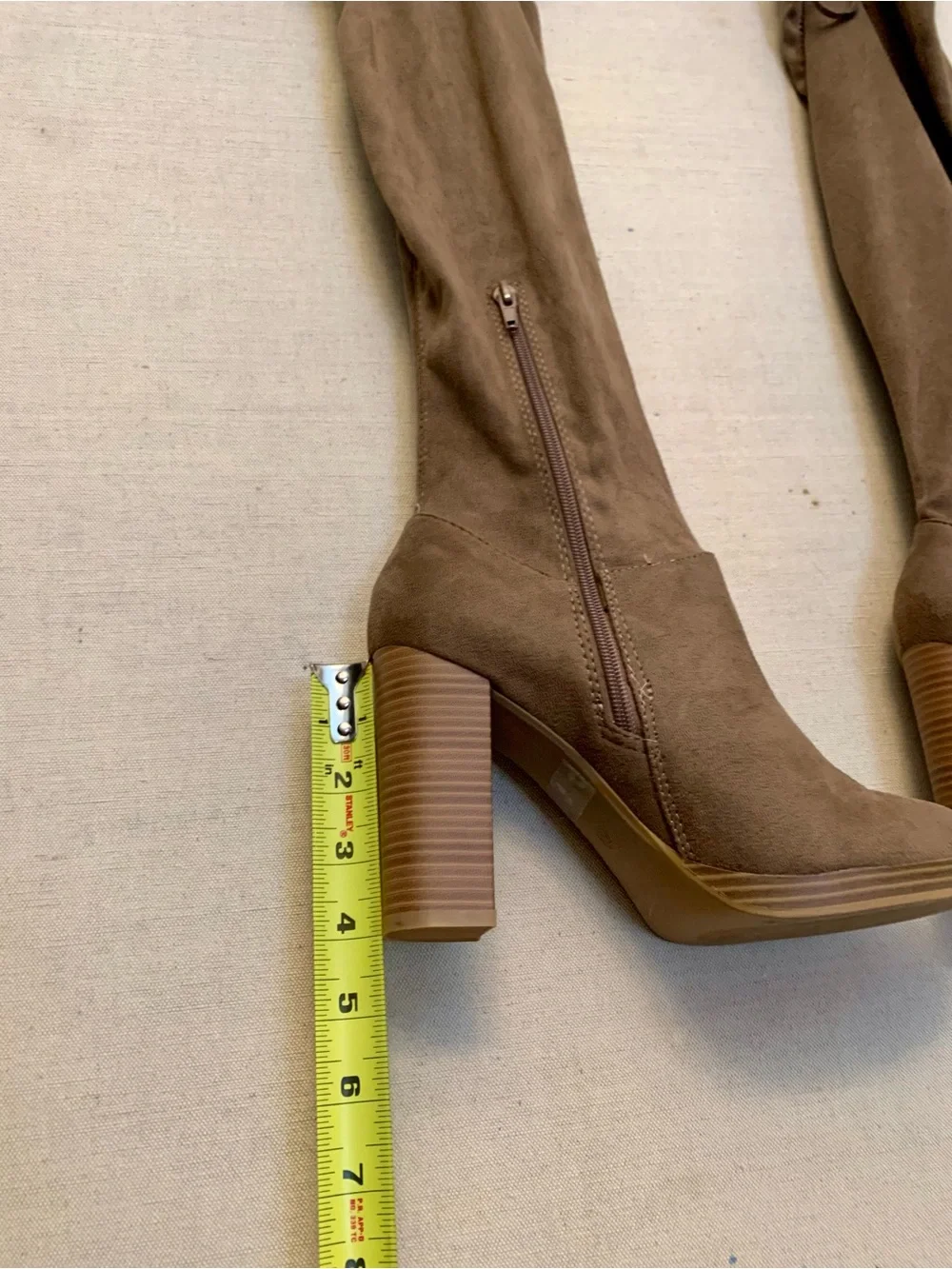 Tall Tan Suede Platform Boots  - Women's Thigh-High Heels, Size 7.5